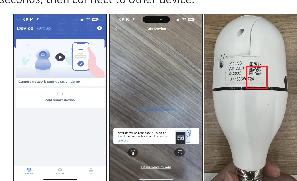 Přidání chytrého zařízení, výzva ke skenování QR kódu a štítek kamery