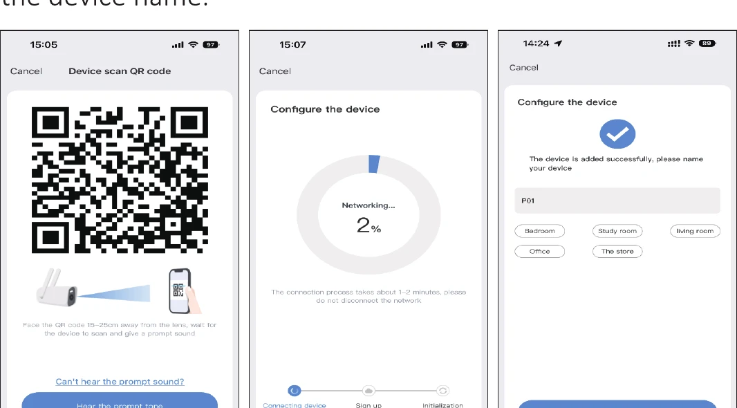 Obrazovky skenování QR kódu, připojování k síti a přidaného zařízení