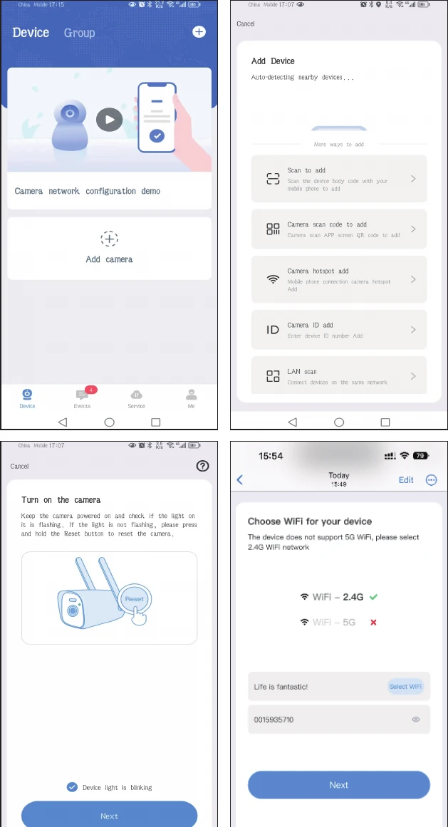 Obrazovky přidání zařízení, výběru způsobu připojení a výběru Wi-Fi
