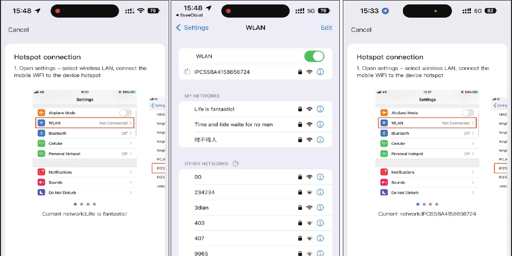 Obrazovky připojení k hotspotu a nastavení WLAN