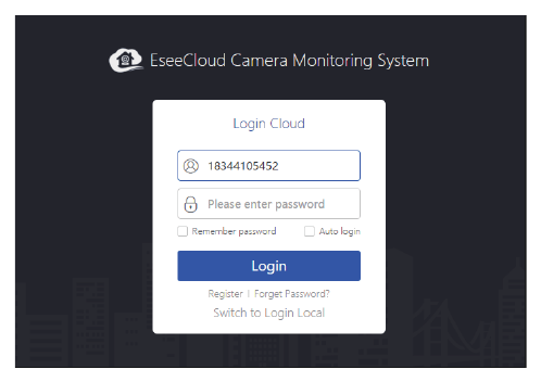 Login-vindue til EseeCloud Camera Monitoring System