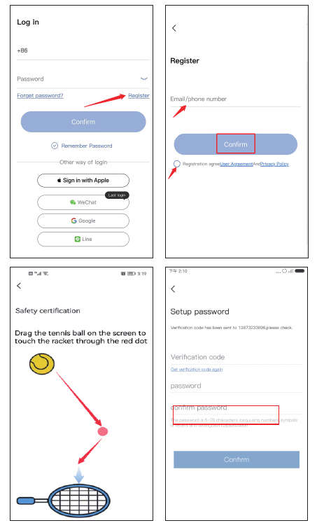 Skærmbilleder for login, registrering, sikkerhedscertificering og oprettelse af adgangskode