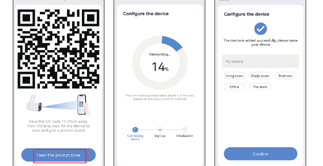Skærmbilleder for scanning af QR-kode, netværkstilslutning og navngivning af enhed
