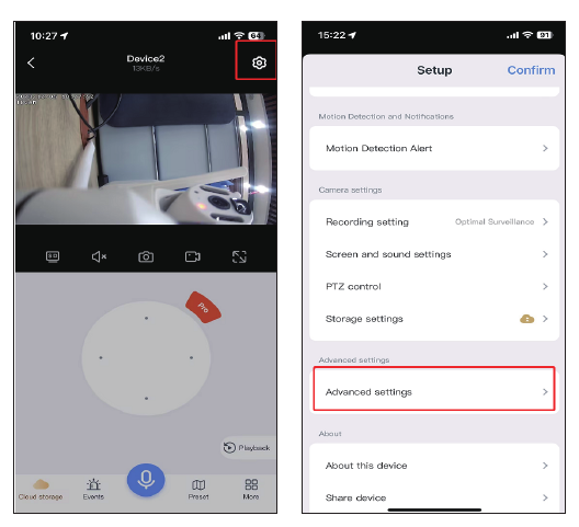 أيقونة إعدادات العرض المباشر وخيار Advanced settings في قائمة الإعداد