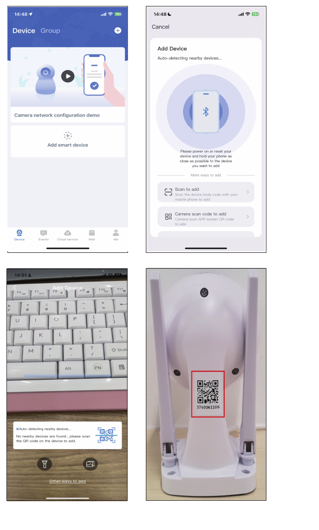شاشة إضافة جهاز ذكي والمسح للإضافة وملصق رمز QR الموجود على الكاميرا