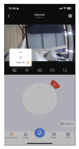 العرض المباشر مع فتح قائمة التبديل بين SD وHD وKeep HD