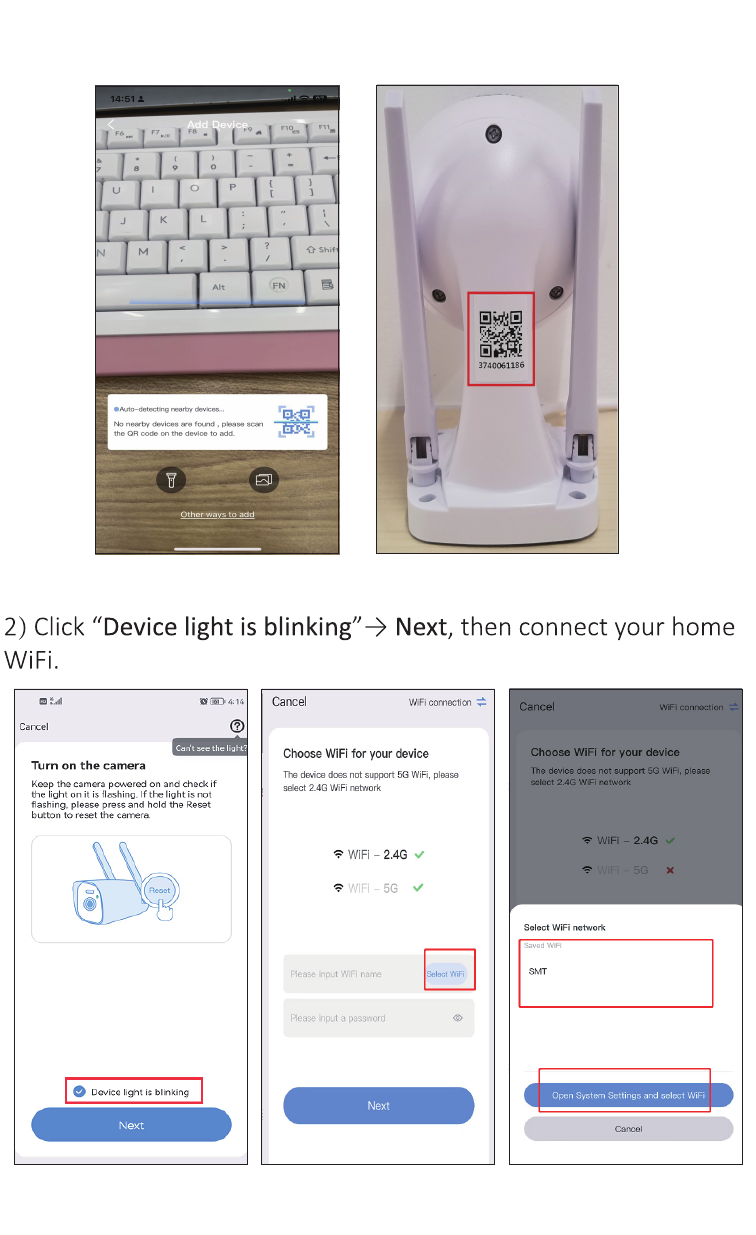 صفحههای اسکن کد QR روی دوربین، سپس روشن کردن دوربین و انتخاب Wi-Fi