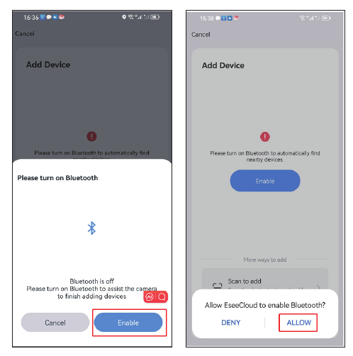 Obrazovky zapnutí Bluetooth a povolení aplikace EseeCloud
