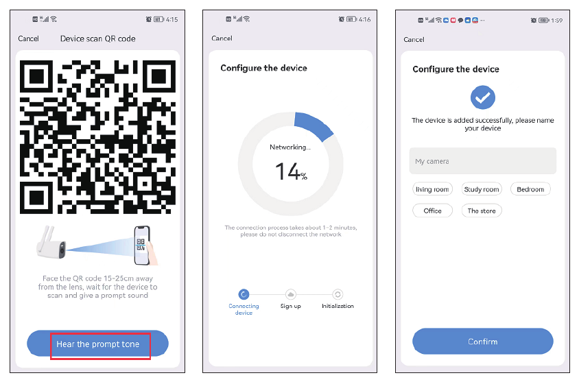 Obrazovky naskenování QR kódu, připojování k síti a pojmenování zařízení