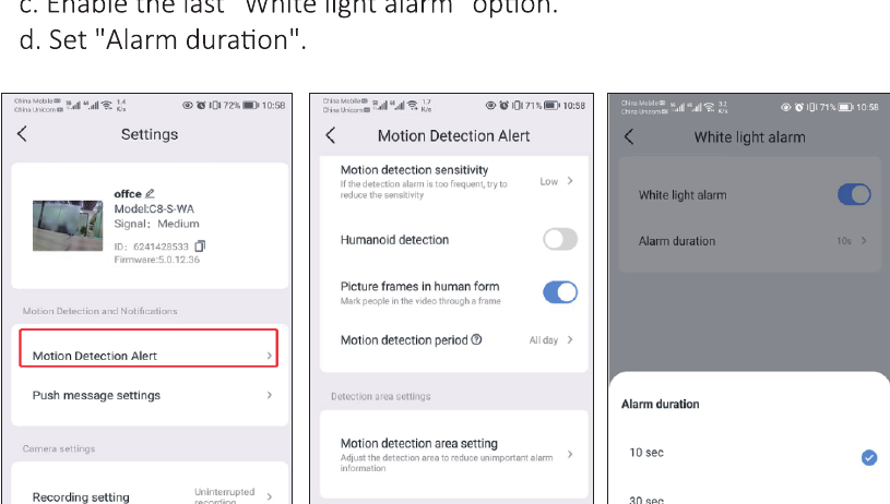 Obrazovky Nastavení, Upozornění na detekci pohybu a Alarm bílým světlem