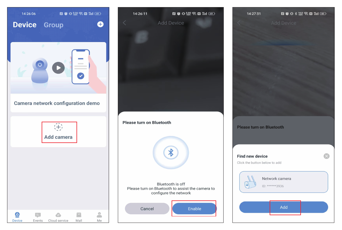 Tilføjelse af et kamera via Bluetooth i EseeCloud-appen