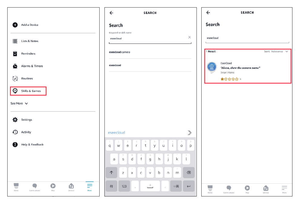 Søgning efter EseeCloud-skillen i Alexa-appen