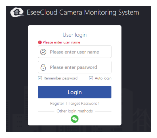 Loginvindue til EseeCloud Camera Monitoring System