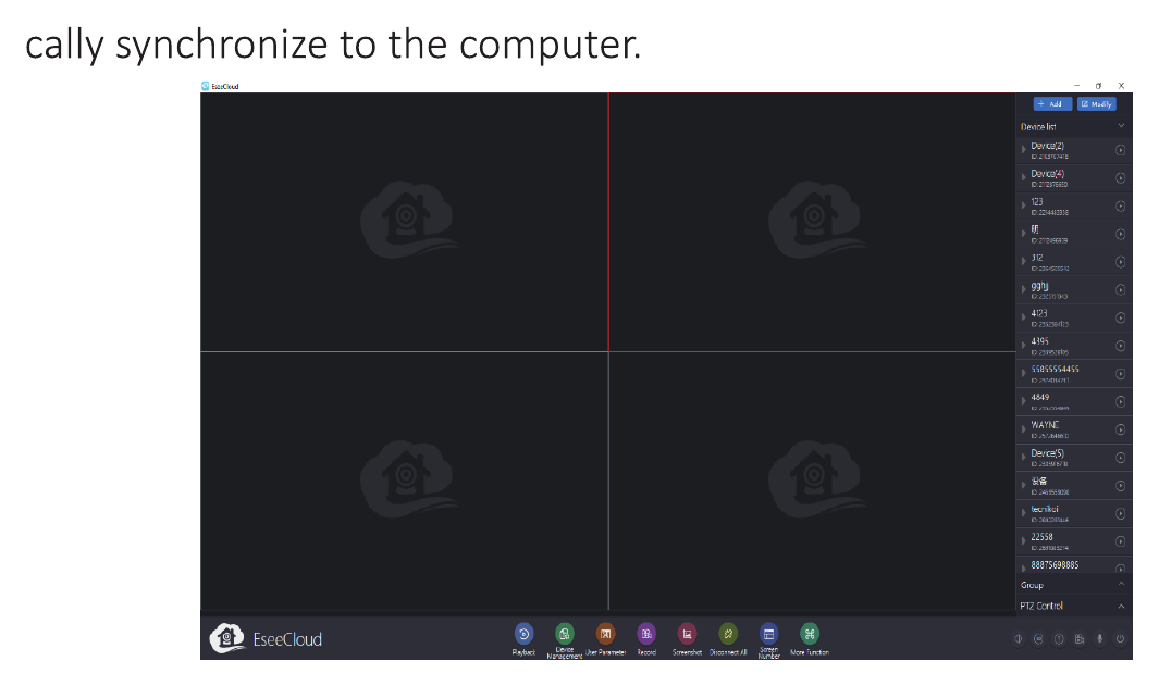 PC klient EseeCloud se synchronizovanými zařízeními