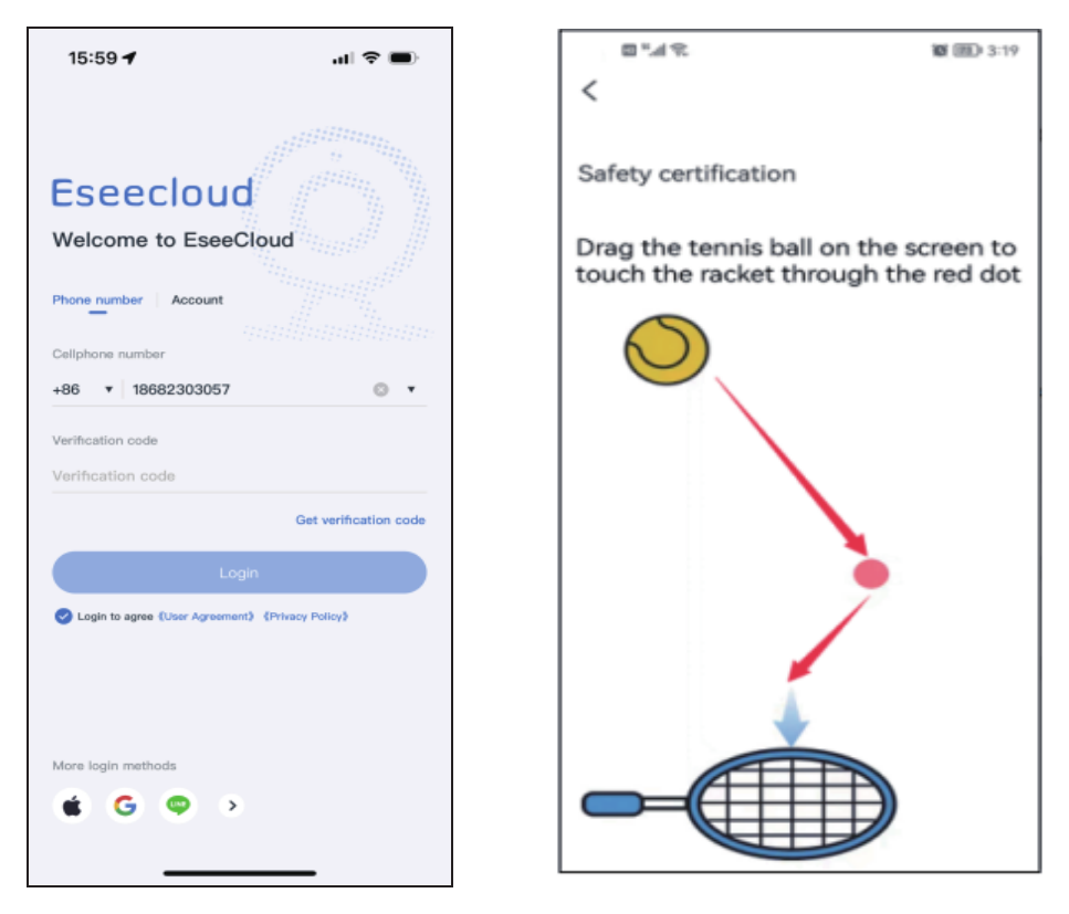 Obrazovky přihlášení telefonním číslem a bezpečnostního ověření v aplikaci EseeCloud