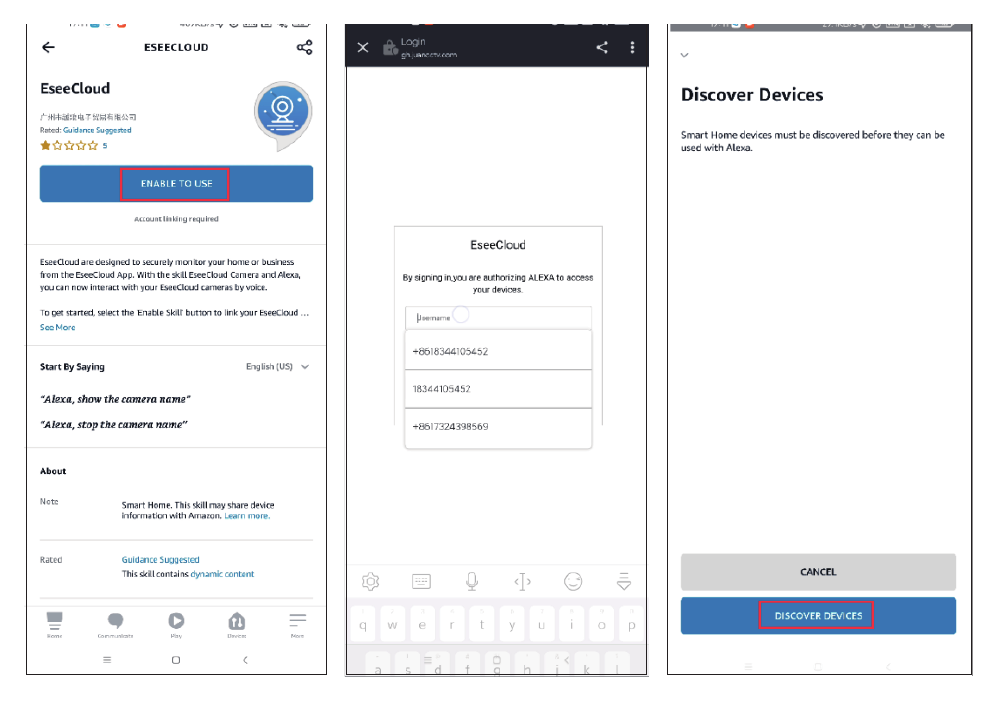 Aktivace dovednosti EseeCloud a vyhledávání zařízení