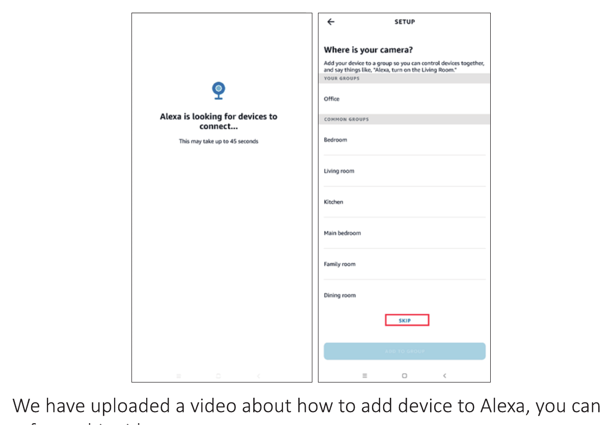 Alexa vyhledává kameru a přiřazuje ji ke skupině