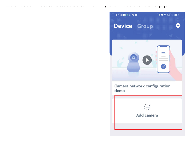 Klepnutí na Add camera v aplikaci EseeCloud