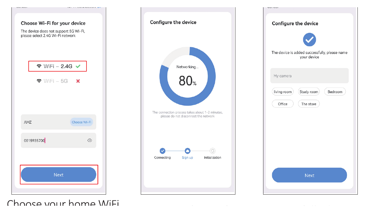 Výběr sítě WiFi, konfigurace a pojmenování kamery