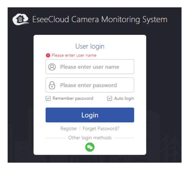 Přihlašovací okno systému EseeCloud Camera Monitoring System